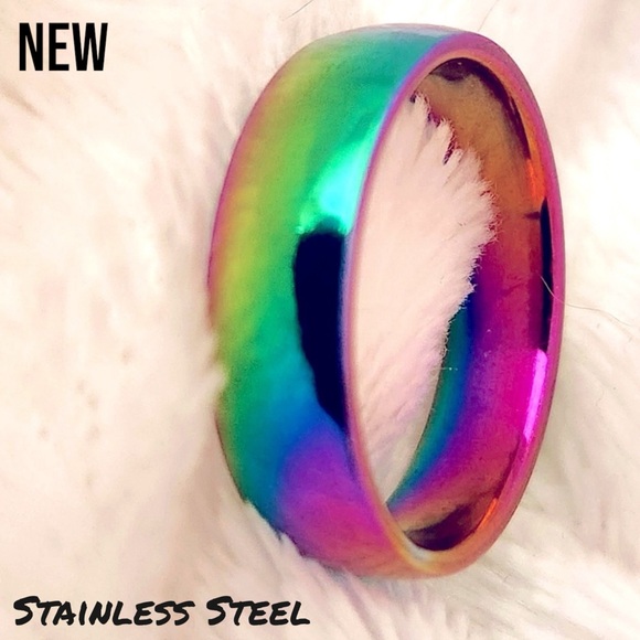 New Unisex Stainless Steel Rainbow Band Ring - Picture 3 of 6
